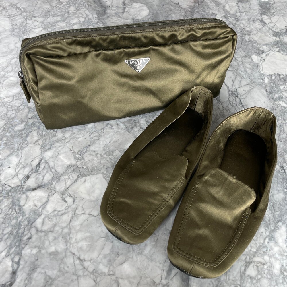 Prada Satin Slip Ons with Shoe Bag Olive Green 37